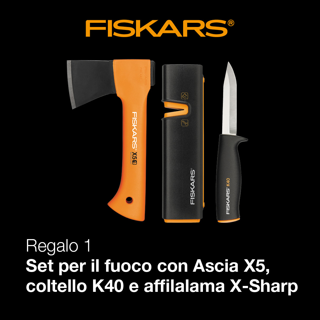 Regalo 1: set per il fuoco con Ascia X5, coltello K40 e affilalama X-Sharp